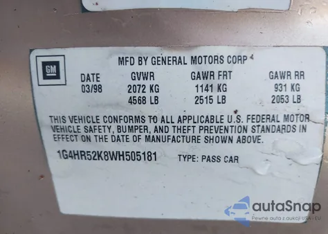 1999 Buick Lesabre Custom z USA, uszkodzony, nr VIN 1G4HP52K1XH485038